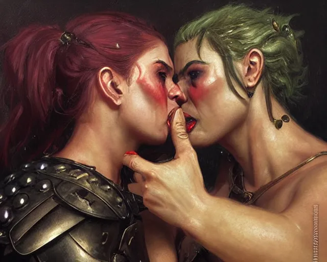 Prompt: romantic fantasy oil painting portrait of two female orc warriors kissing, wearing leather armor. fantasy art by greg rutkowski and john singer sargent