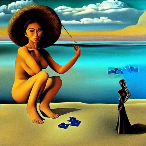 Image similar to A surreal oil painting of a puzzle containing a beautiful woman on a desert beach by Salvador Dali, dark vibes, high contrast, cinematic, depth of field