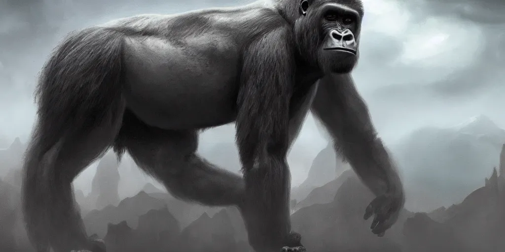 Prompt: a highly detailed matte painting of a new animal based on a gorilla with a horselike head and mane, ominous, foreboding, dark, trending on artstation,