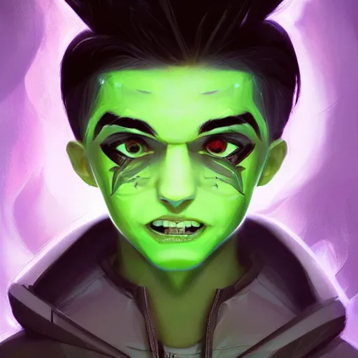 Image similar to a digital matte intricate face illustration concept art of young danny phantom with glowing green eyes cute fangs alt art fashion inspired art by charlie bowater and wlop and mark arian and ross tran + neon colors, symmetry, intricate complexity, epic composition, magical atmosphere, highly detailed, cinematic lighting + masterpiece, trending on artstation + 8 k