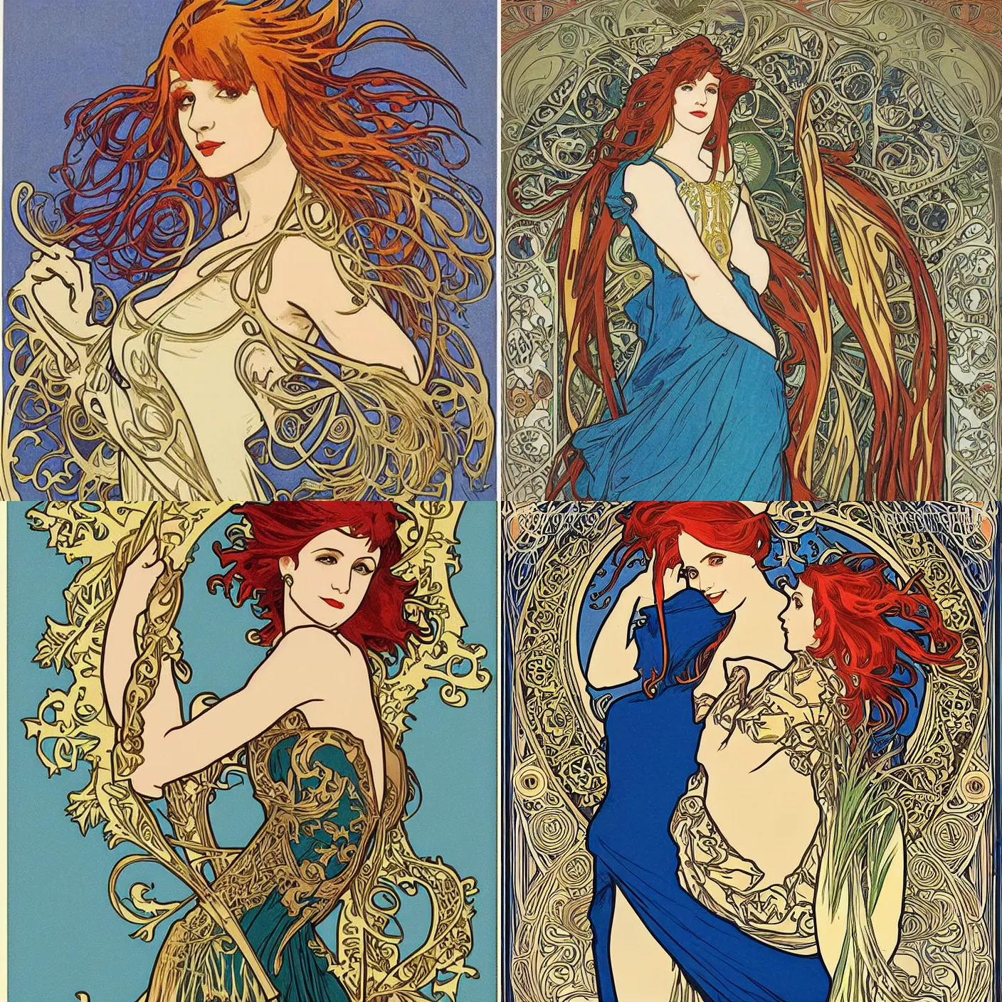 Image similar to Alphonse Mucha, art nouveau, cardstock, pretty female Hayley Williams Paramore, smile, symmetrical, victorian blue dress, long red hair, full body action pose, gold green blue purple