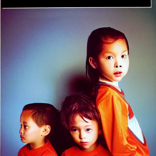 Image similar to two kids in front of the tv at night, 80s suburban film photo, emergency vehicle lights, glowing refrigerator, 35mm, kodak portra, magazine ad photo, part by zhang jingna, part by tom bagshaw, part by annie leibovitz, artstation