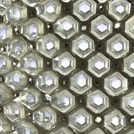 Prompt: texture of joined hexagonal clear quartz crystals through which is clearly visible the beatific lights of paradise,