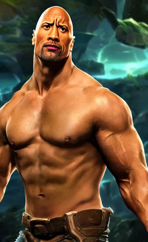 Image similar to Dwayne Johnson as a character in the game League of Legends, with a background based on the game League of Legends, detailed face, old 3d graphics