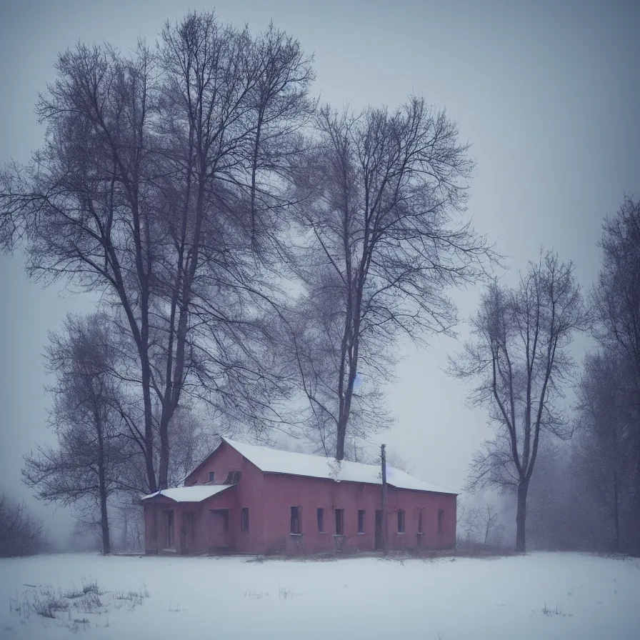 Prompt: landscape, soviet military, abandoned, lifeless, house near foggy forest, dark winter evening, snowing, strong, blizzard, atmospheric, mystical, very detailed 4 k, professional photography