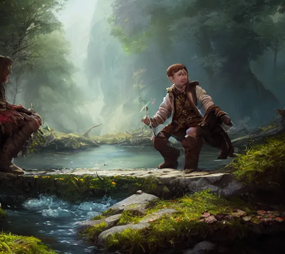 Prompt: fantasy illustration of halfling dice gambling with a white haired dwarf next to a shallow creek, oil painting, greg rutkowski, wlop, highly detailed, colorful, unreal engine, octane render, dramatic lighting, cinematic composition,