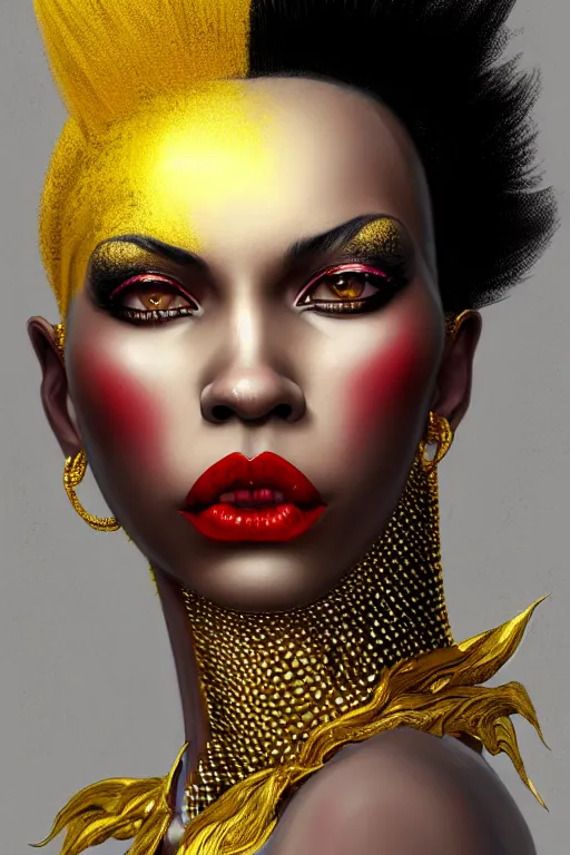 Prompt: Portrait of black woman adult female, with red lip and gold makeup fantasy, mid hair sexy hairstyle, black to blue fade hairstyle, dragon scales across hairline, intricate, highly detailed, digital painting, artstation, concept art, sharp focus, art by Akihiko Yoshida, Greg Rutkowski, 4k resolution, nier inspired, vibrant but dreary. Portrait by paolo Roversi