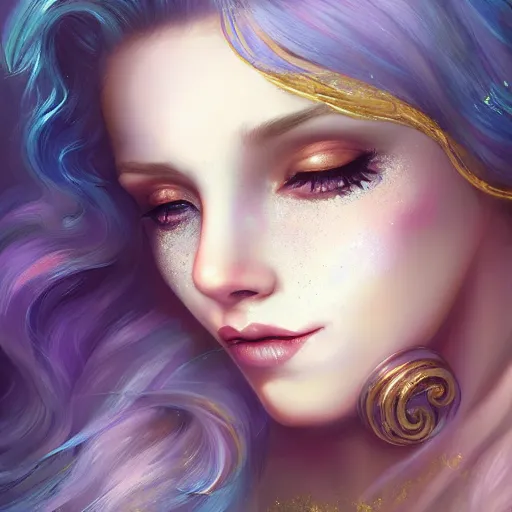 Image similar to Portrait by Charlie Bowater, blue hair, mascara, glitter makeup, gold filigree, smiling, soft colors, pastels