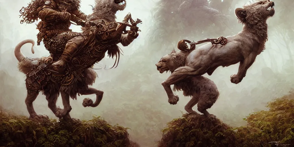 Prompt: halfling druid ranger riding a lion, realistic, ultra detailed, fantasy character portrait, ultra realistic, wide angle, intricate details, highly detailed by peter mohrbacher, hajime sorayama, wayne barlowe, boris vallejo, aaron horkey, gaston bussiere, craig mullins