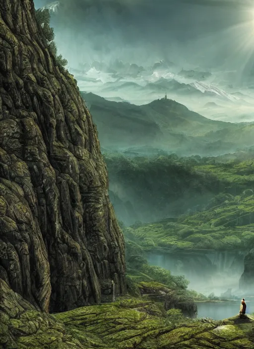 Image similar to a hooded monk in lord of the rings scenery landscape, huge buddhist temple on a mountain in the distance, river, lush valley, cosmic, god's rays, highly detailed, vivid color, cinematic lighting, perfect composition, 8 k, gustave dore, derek zabrocki, greg rutkowski, belsinski, octane render