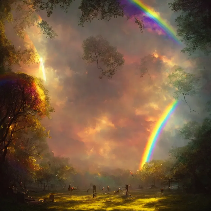 Prompt: idyllic carnival inside a tree cavity, rainbow across the sky, ethereal, golden swirling dust, iridescent, atmospheric, volumetric, cinematic, light breaking through clouds, greg rutkowski, wlop, otherworldly, glowing, trending on artstation, 8 k, unreal engine