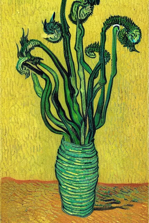 Image similar to Fiddleheads, painted by Vincent Van Gogh (1890), oil on canvas, detailed brushstrokes