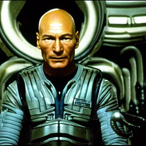 Prompt: patrick stewart as the xenomorph in alien 1 9 7 9, 4 k hd film still