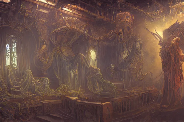 Image similar to a lovecraftian painting of a demonic shrine, occult, unholy ritual, cosmic horror elements, ultra realistic, concept art, intricate details, eerie, highly detailed, photorealistic, octane render, 8 k, unreal engine. art by artgerm and greg rutkowski and alphonse mucha