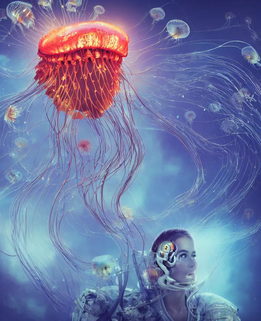 Image similar to close-up portrait of the face of a beautiful princess in a twisted flowers jellyfish mask in a spaceman suit surrounded by energy flow, epic angle and pose, symmetrical artwork, 3d with depth of field, blurred background, floating jellyfish skull phoenix bird, translucent, nautilus, energy flows of water and fire. a highly detailed epic cinematic concept art CG render. made in Maya, Blender and Photoshop, octane render, excellent composition, cinematic dystopian brutalist atmosphere, dynamic dramatic cinematic lighting, aesthetic, very inspirational, arthouse. y Greg Rutkowski, Ilya Kuvshinov, WLOP, Stanley Artgerm Lau, Ruan Jia and Fenghua Zhong