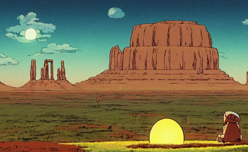 Image similar to a cell - shaded studio ghibli concept art from paprika ( 2 0 0 6 ) of a ufo with lights from close encounters of the third kind ( 1 9 7 7 ) sitting on top of a lush temple that looks like monument valley stonehenge jungle. a giant camel is in the foreground. very dull colors, hd, 4 k, hq