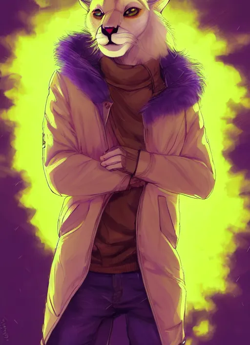 Prompt: award winning beautiful portrait commission of a male furry anthro albino mountain lion fursona with a tail and a cute beautiful attractive detailed furry face wearing stylish cyberpunk clothes in a cyberpunk city at night while it rains. Yellow and Purple. Character design by charlie bowater, ross tran, artgerm, and makoto shinkai, detailed, inked, western comic book art