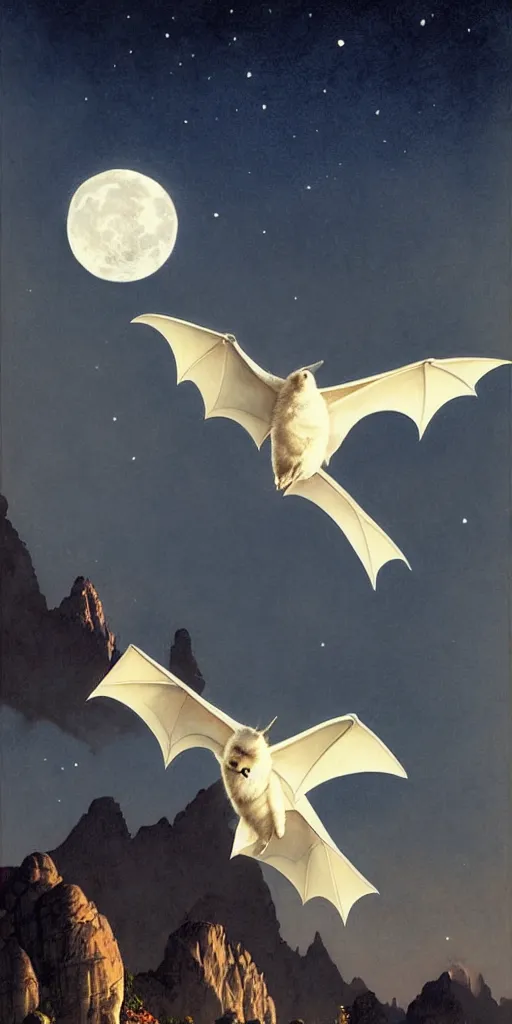 Image similar to a white bat, flying against a night sky, mountain in the background, moonlight, denoised, very detailed, painted by james gurney, norman rockwell, tom bagshaw