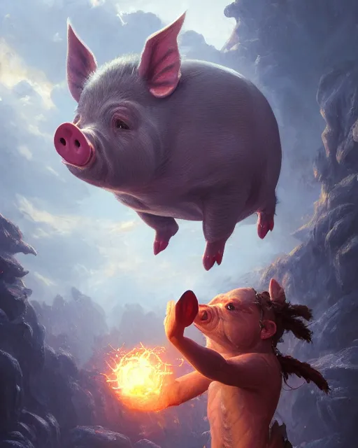 Image similar to oil painting of a Anthropomorphized pig casting an epic spell, sharp focus, heroic pose, fantasy style, octane render, volumetric lighting, 8k high definition, by greg rutkowski, highly detailed, trending on art Station, magic the gathering artwork, centered