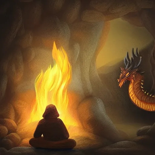 Prompt: A Taoist sitting by a fire in a cave conjuring a smoke dragon, soft colours with a dramatic lighting,