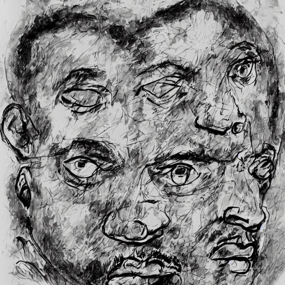 Image similar to A loose messy wild ink sketch portrait of Martin Luther King in the style of Ralph Steadman and Paul Klee, caricature, dramatic