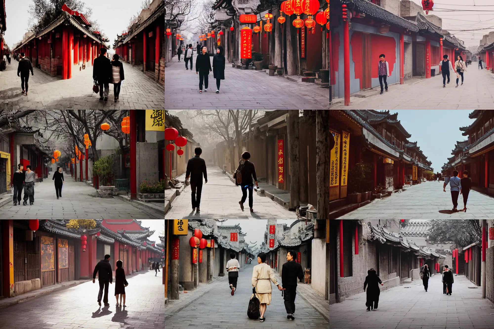 Image similar to A photograph of Two lovers walking on empty street in Beijing Hutong , golden time, capture ,quiet, joy, moving, warmth, light and shadow ,color photography.