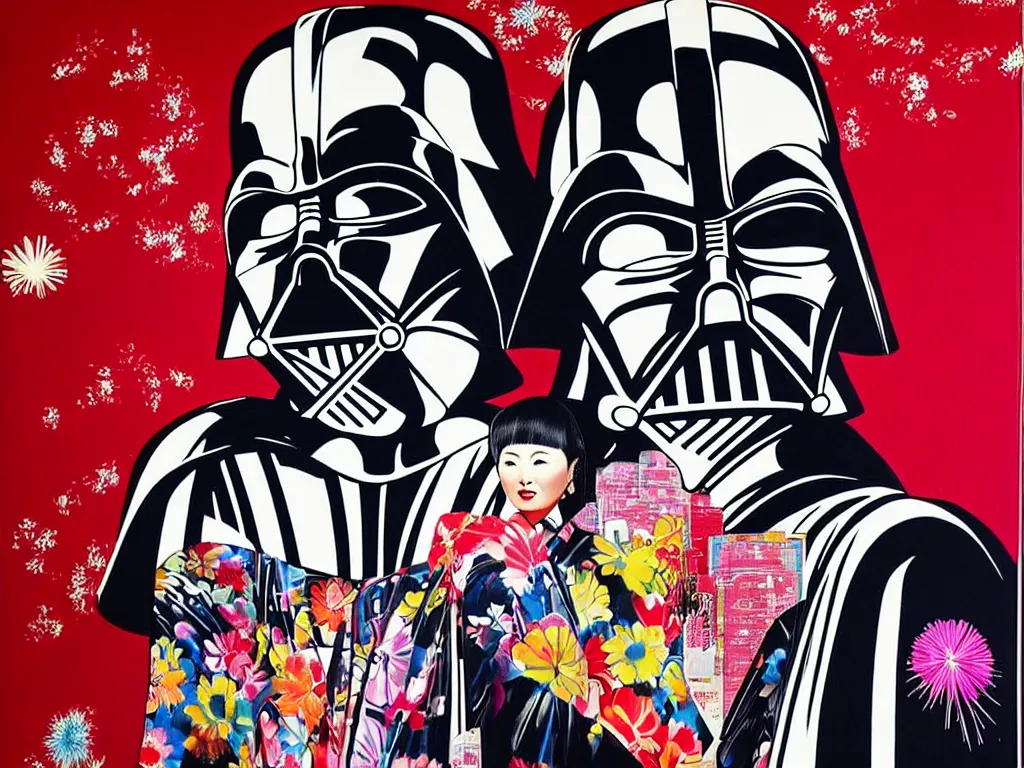 Image similar to hyperrealistic composition, in the middle the woman in a japanese kimono, behind her stands the darth vader, in front of her a table from the casino, in the background is ( ( mount fuji ) ) and fireworks, pop - art style, jacky tsai style, andy warhol style, acrylic on canvas