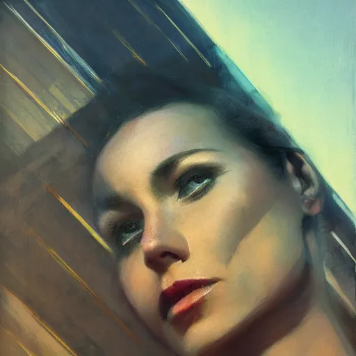 Image similar to detailed face of a woman, clockwork, moment, tectonic sky, skydome, bullet train, turbines, utopian, tech noir, wet reflections, prism, atmospheric, ambient, nick alm, casey baugh, pj crook, syd mead, livia prima, edward hopper