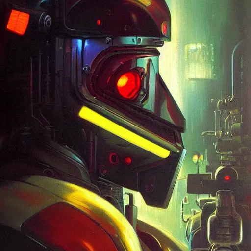 Image similar to a dark and colorful close - up side profile portrait of a sci - fi mecha robot with led lights glowing fog in the background. highly detailed science fiction painting by norman rockwell, frank frazetta, and syd mead. rich colors, high contrast, gloomy atmosphere, dark background. trending on artstation