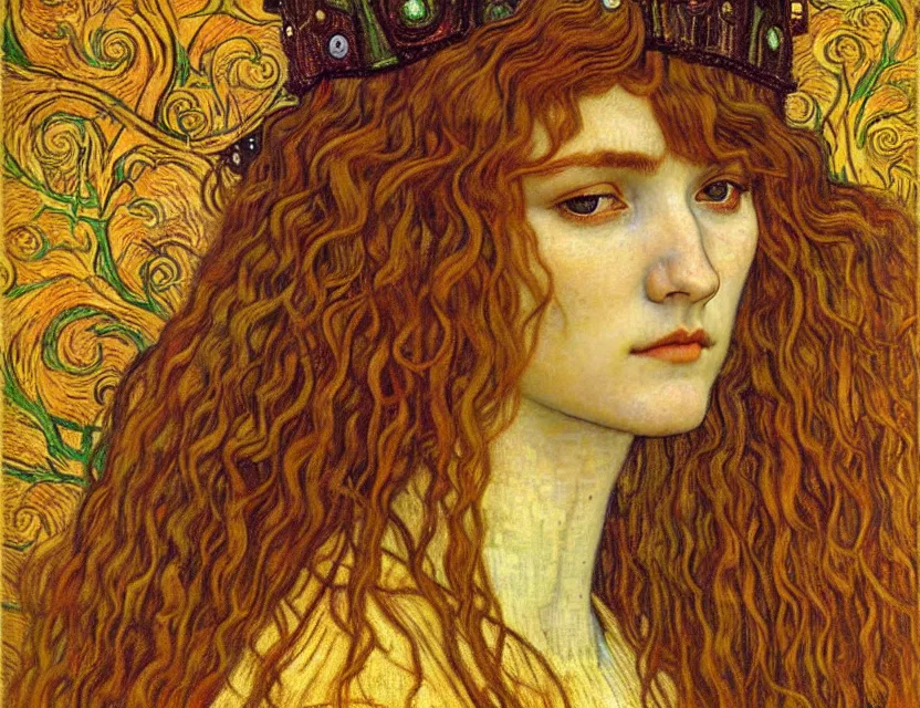 Image similar to detailed realistic beautiful young medieval queen face portrait by jean delville, gustav klimt and vincent van gogh, art nouveau, symbolist, visionary, gothic, pre - raphaelite, muted earthy colors, desaturated