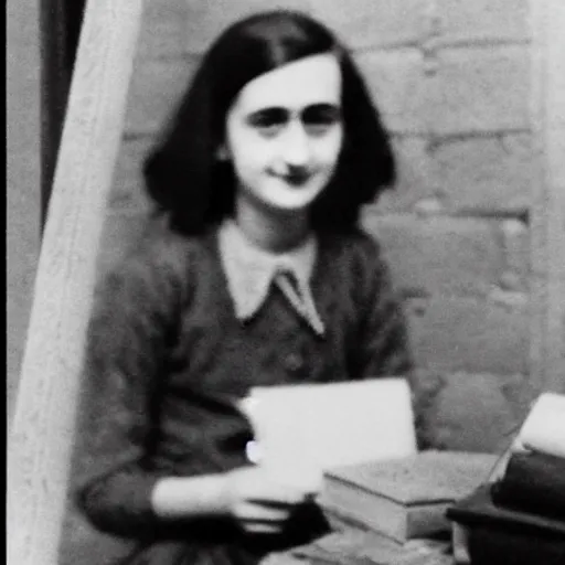 Image similar to Photograph of Anne frank writing in her diary in the attic