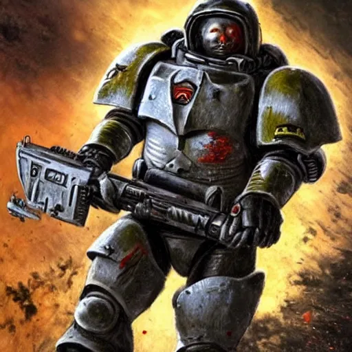 Image similar to heavy armor soldier wearing space marine like armor but in real life, walking in a river of blood full of human bloody dead bodies and human parts, shooting with his gun, explosions in background, painting style