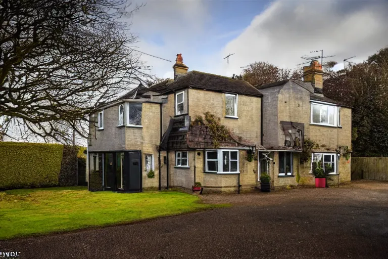 Image similar to cyberpunk, an estate agent listing photo, external view of a 5 bedroom detached countryside house in the UK, by Paul Lehr