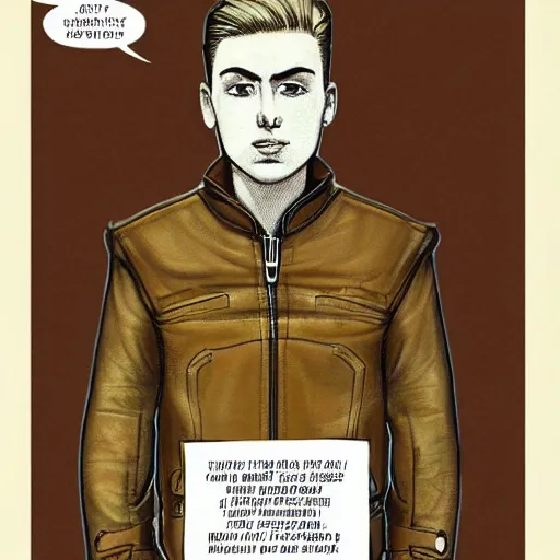 Prompt: handsome butch princely heroic square - jawed emotionless serious blonde woman aviator, with very short butch slicked - back hair, wearing brown leather jacket, standing in front of small spacecraft, illustration, science fiction, highly detailed, ron cobb, mike mignogna