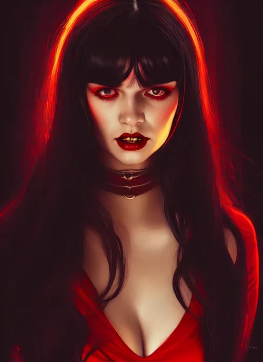 Image similar to portrait of vampire veronica lodge with bangs, vampire, long hair, red clothes, bangs, intricate, elegant, glowing lights, highly detailed, digital painting, artstation, concept art, smooth, sharp focus, illustration, art by wlop, mars ravelo and greg rutkowski