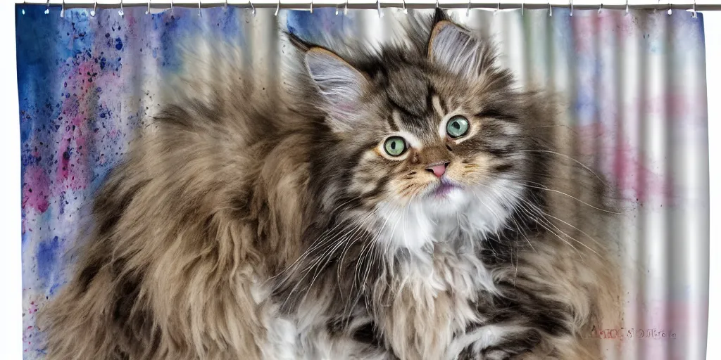 Image similar to shower curtain product catalog. on the curtain is a watercolor with ink under drawing of a maine coon kitten. wide - angle product photography, product lighting. 4 k, highly detailed. saturated.