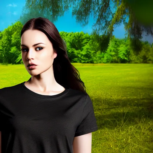 Image similar to clear photorealistic mockup product photograph of a blank black tshirt on an attractive female model in front of a nature background - h 7 0 4