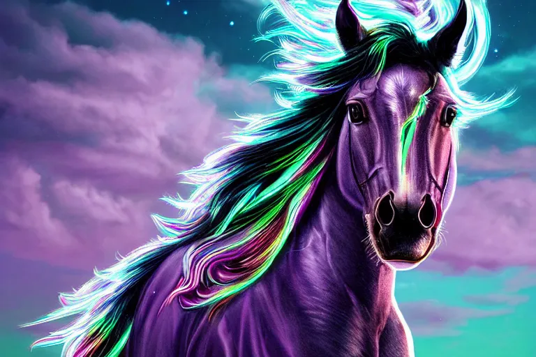 Image similar to a stunning horse with bioluminescent mane and tail running in the clouds by sandra chevrier and greg rutkowski, neon hooves, purple blue color scheme, vaporware, retro, outrun, high key lighting, volumetric light, digital art, highly detailed, fine detail, intricate, ornate, complex, octane render, unreal engine, photorealistic