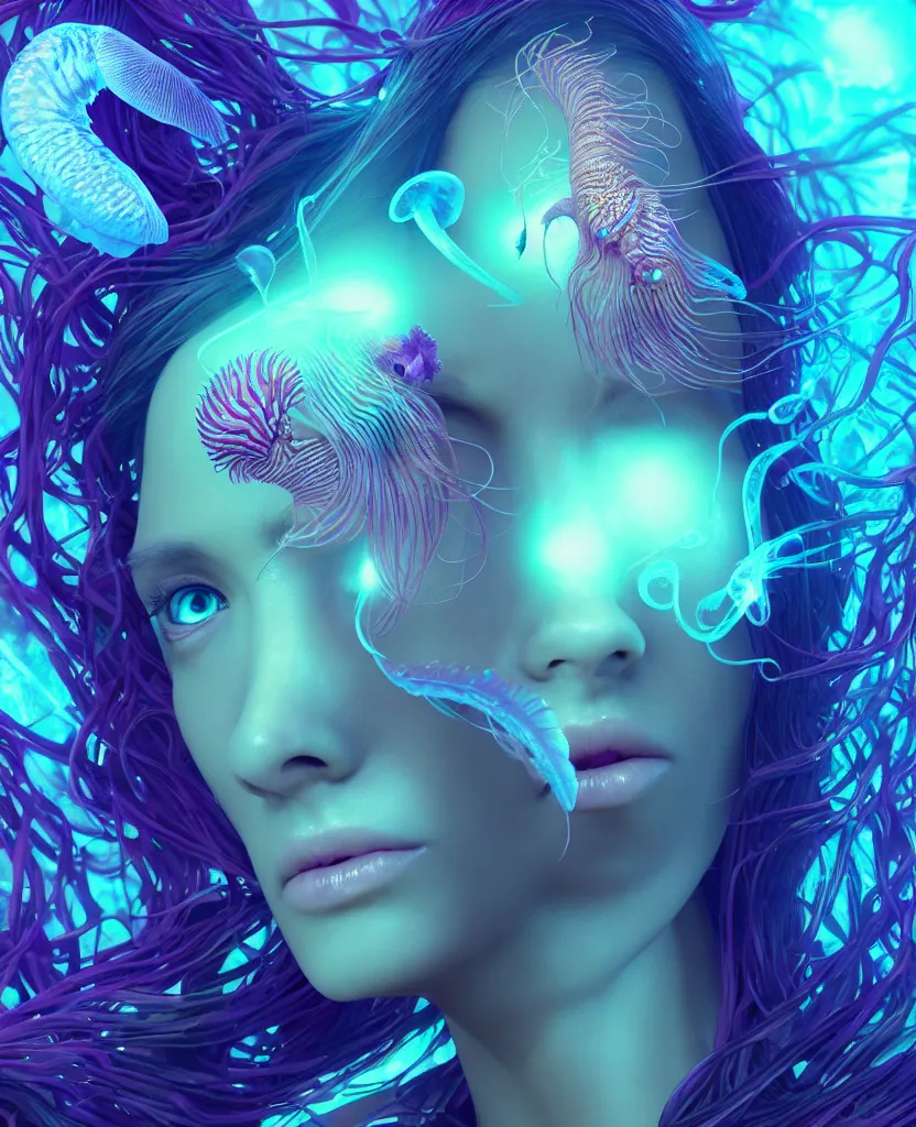 Image similar to goddess close-up portrait. orchid jellyfish phoenix head, nautilus, skull, betta fish, bioluminiscent creatures, intricate artwork by Tooth Wu and wlop and beeple. octane render, trending on artstation, greg rutkowski very coherent symmetrical artwork. cinematic, hyper realism, high detail, octane render, 8k