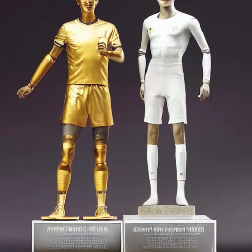 Image similar to a realistic detailed photo of a guy who is an attractive humanoid who is half robot and half humanoid, who is a male android, soccer players martin ødegaard & timo werner, shiny skin, posing like a statue, blank stare, by the pool, on display, showing off his muscles, gold soccer shorts, no jersey, statue, many copies of them