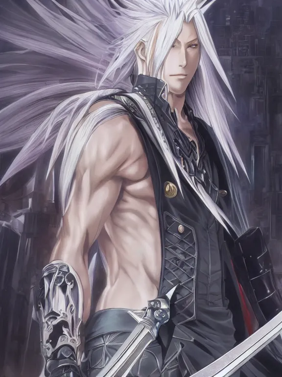 Prompt: anime key visual of sephiroth from final fantasy!! intricate, futuristic city, stunning, highly detailed, digital painting, artstation, smooth, hard focus, illustration, art by artgerm and greg rutkowski and alphonse mucha