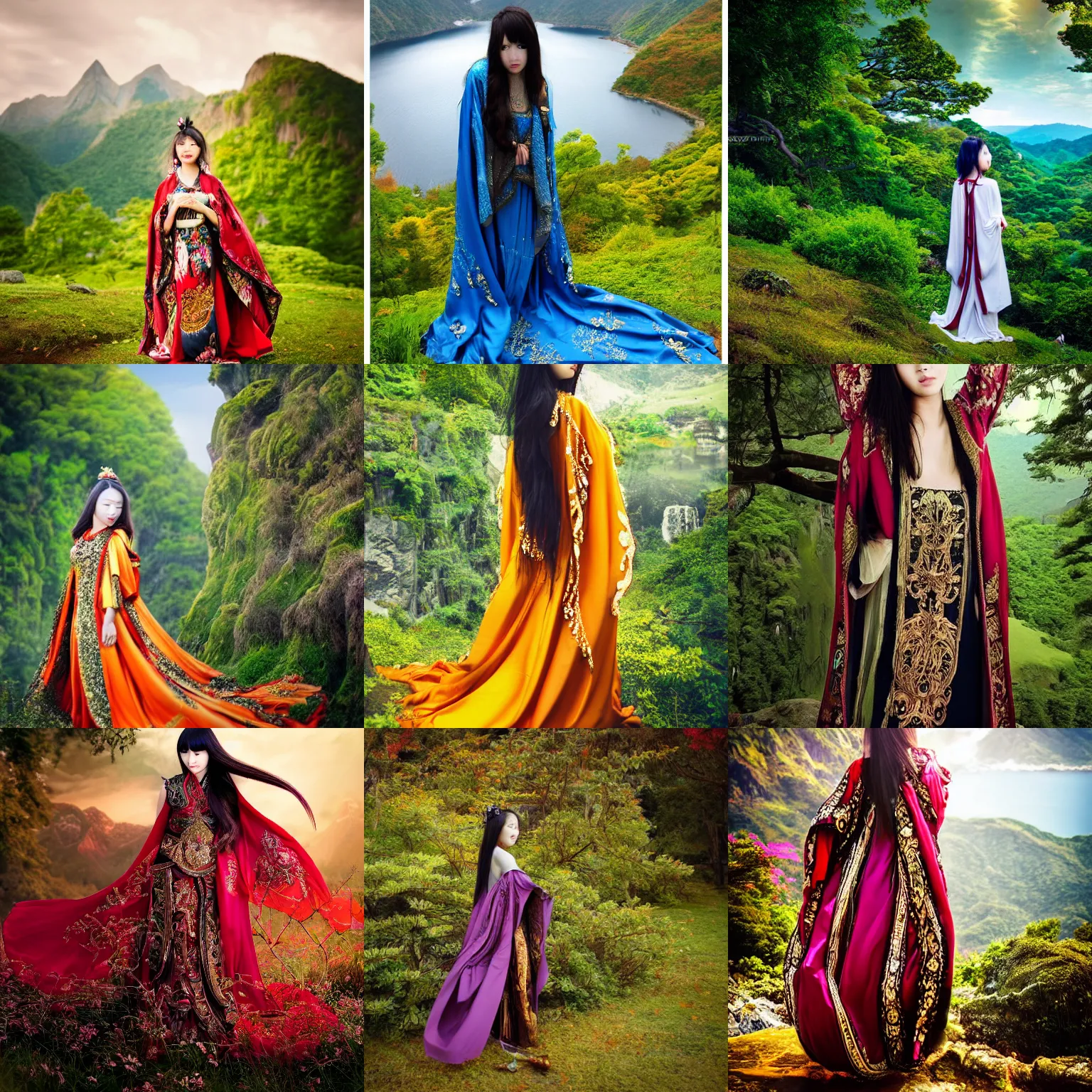 Prompt: beautiful asian girl with an elaborate, ornate flowing cloak standing in a beautiful nature scenic setting