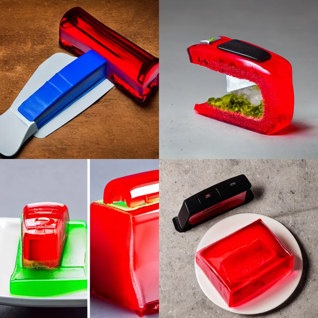 Prompt: a stapler made out of jello, food photography, 24mm lens, high resolution 8k,