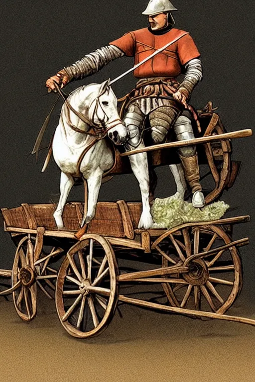 Image similar to a ( ( ( ( ( ( ( ( knight ) ) ) ) ) ) ) ) riding a wagon!!!!!!!!!!!!!! by chris mcgrath and greg rutowski, muted colors, detailed