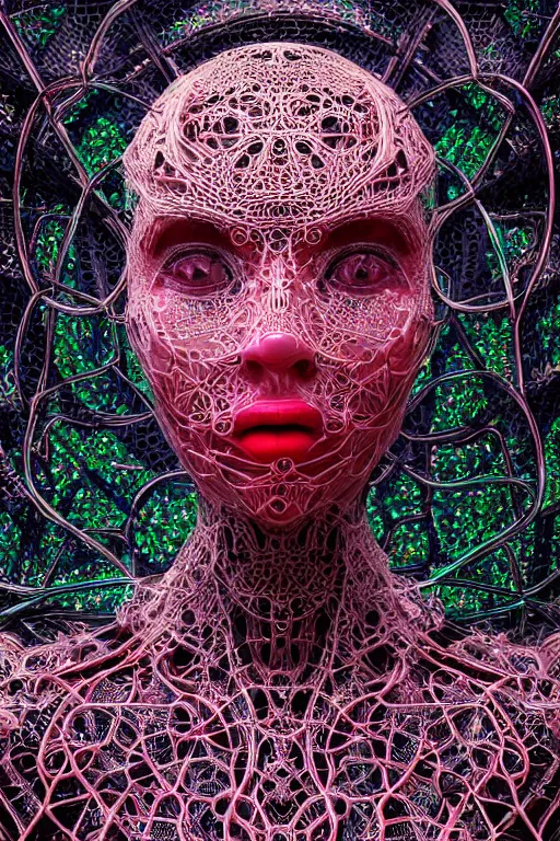 Image similar to a melancholic realistic 8k sculpture of a complex robotic human face, liquid metal simulation, bright psychedelic neon colors, dark dramatic lighting, hexagonal mesh wire, filigree intricate details, cinematic, fleshy, red blossoms, green ivy, elegant, 50mm lens, DOF, octane render, art nouveau, 8k post-processing, intricate art by greg rutkowski