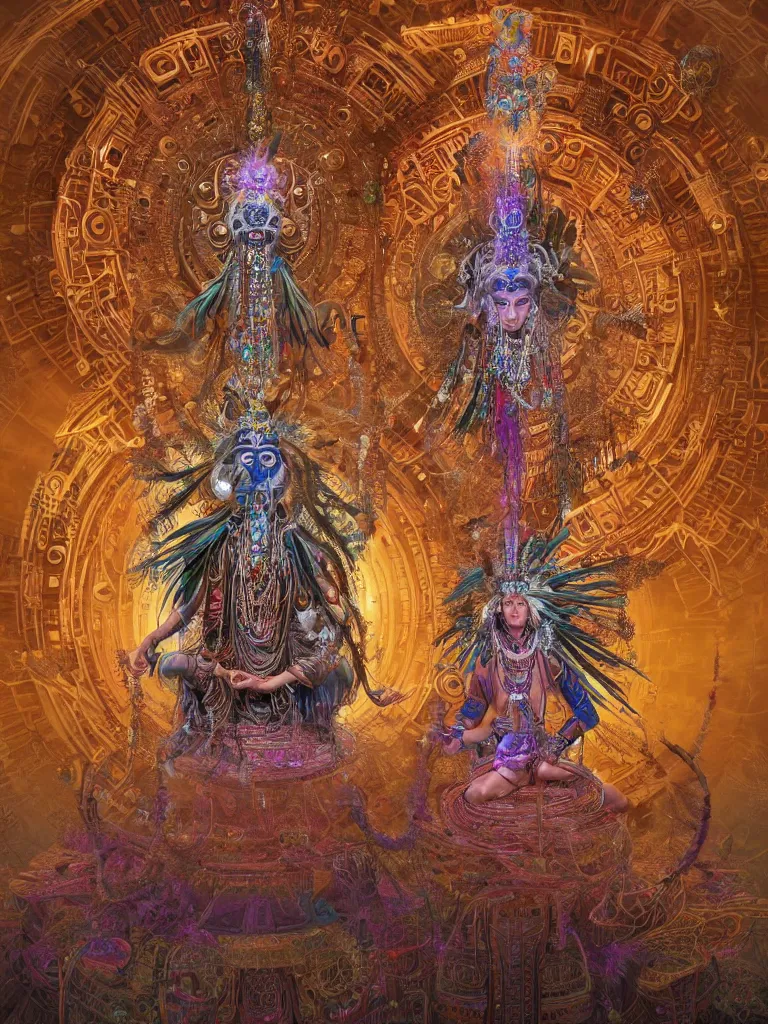 Image similar to a centered ancient mystical tribal elder wearing an intricate head dress of feathers and jewels generating flowing energy and surrounded by wisps of incense smoke sits meditating on a complex celestial mandala in a cybernetic robot temple, peaceful face, by justin gerard and craig mullins, 3 d, cinema 4 d render, trending on artstation, 8 k