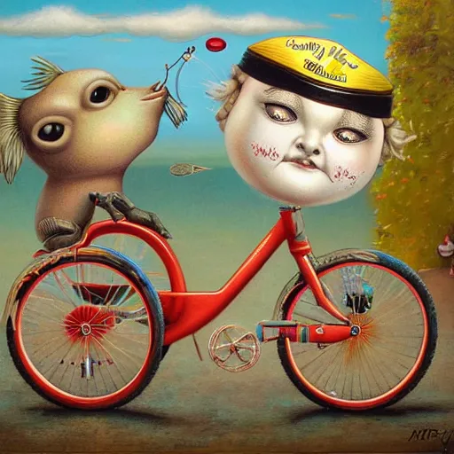 Image similar to a fish on a tricycle, lowbrow painting by mark ryden