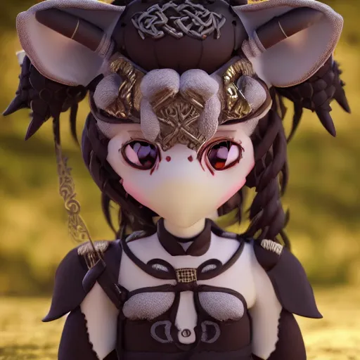 Image similar to cute fumo plush of a goat girl with horns, anime girl, tribal outfit with intricate celtic knot patterns, golden pauldrons, gothic maiden, artstation, vray