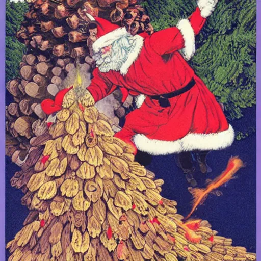 Prompt: illustrated portrait vogue designer Santa Claus Sacrificing the Elves to a Volcano God Altar made of pinecones and fire kenny scharf heinrich lefler giorgio de chirico marc simonetti norman rockwell postcard stamp