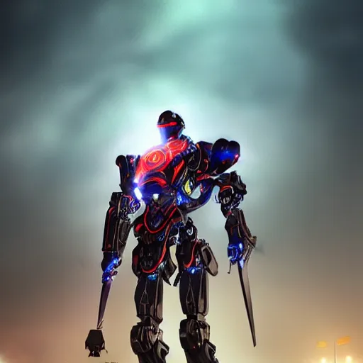 Prompt: a magnificent robot warrior with fog behind it, realistic, hyperrealistic, dramatic, dramatic colorful lighting, trending on art station, image of the day